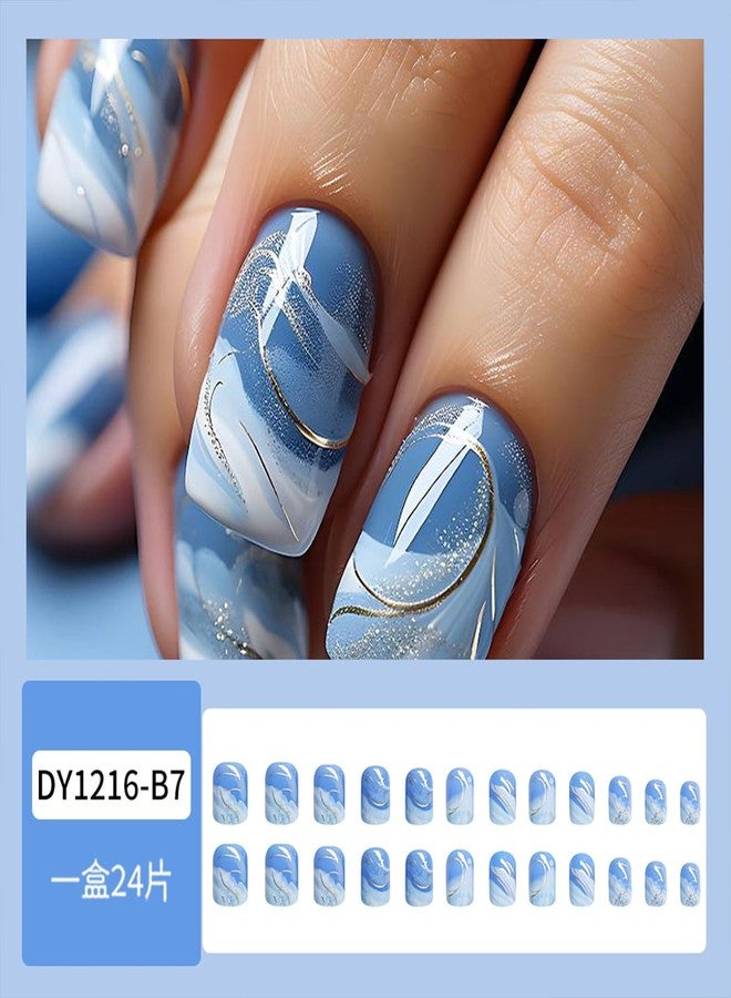 Vopintpy Blue White Gradient Press on Nails Short Square Fake Nails with Design Glossy Full Cover Glue on Nails Reusable Stick on Nails for Women DIY Charm Manicure - Image 2